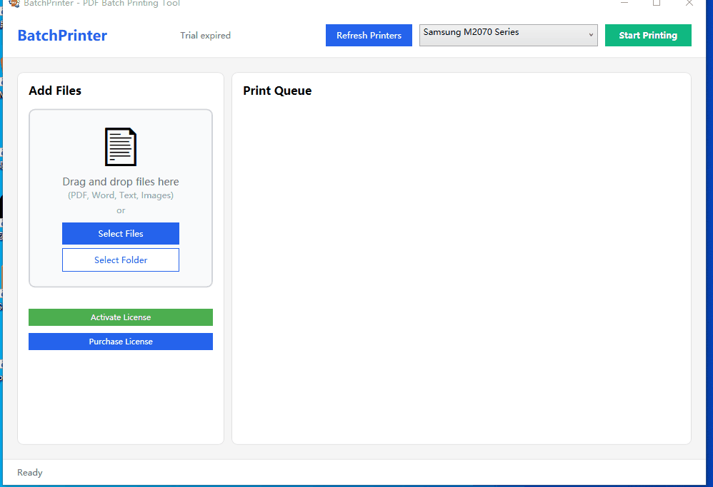 BatchPrinter software interface for silent batch printing PDF and Word files